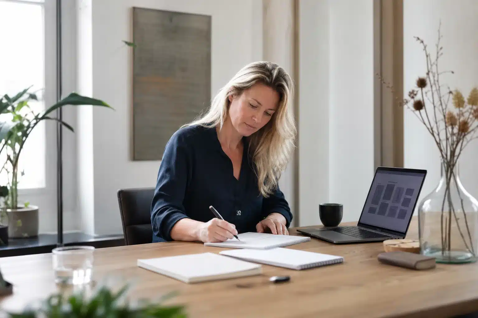 Zelfstandige ondernemer ordent de structuur van een zakelijke website op laptop