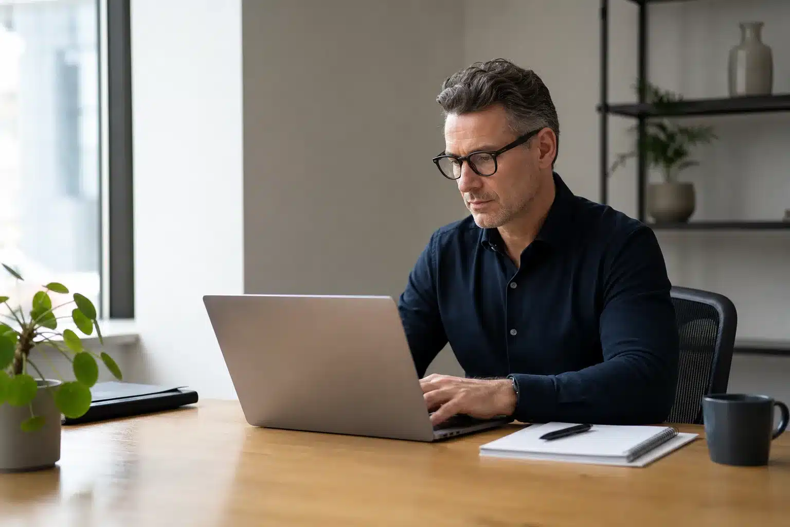 Ondernemer bekijkt bedrijfsinformatie van een webpartner op laptop