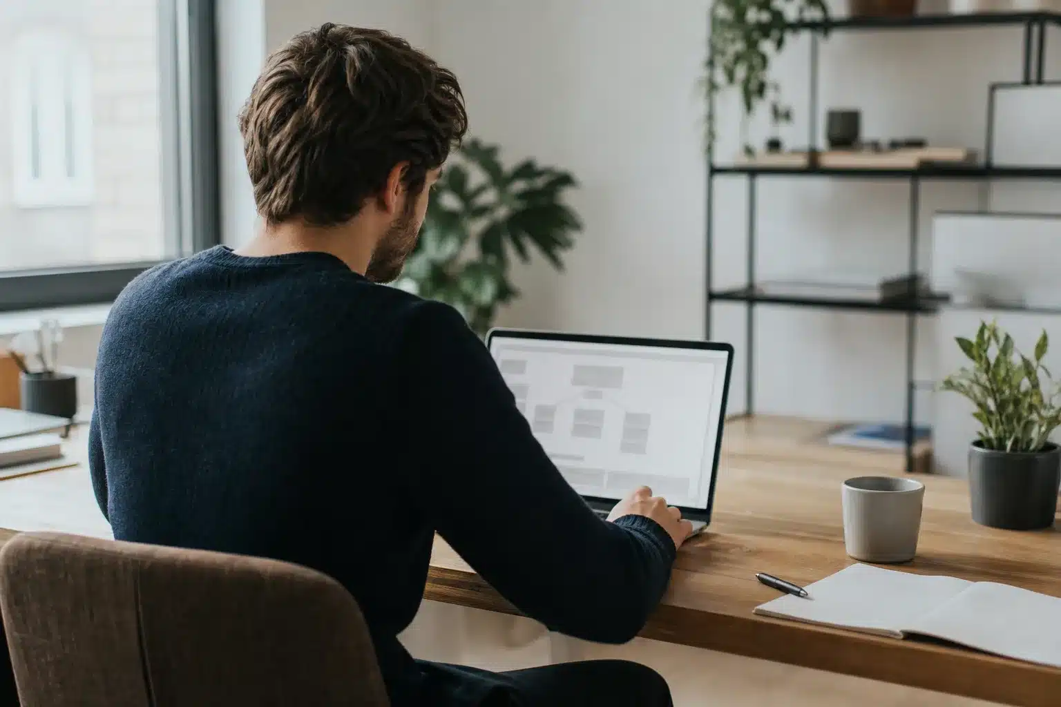 Ondernemer bekijkt de structuur van dienstenpagina's op een laptop