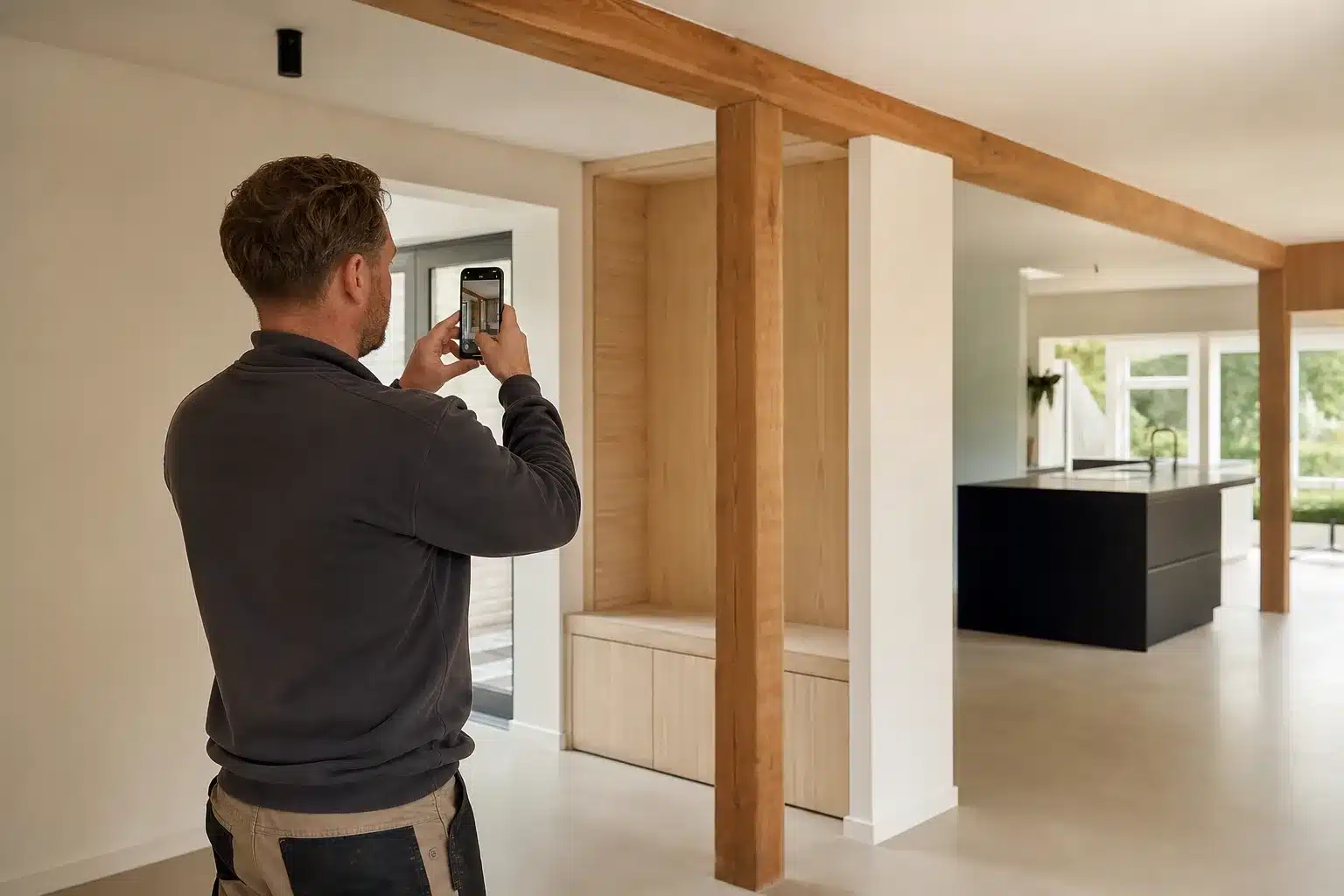 Aannemer fotografeert een zorgvuldig afgewerkte verbouwing voor een projectpagina
