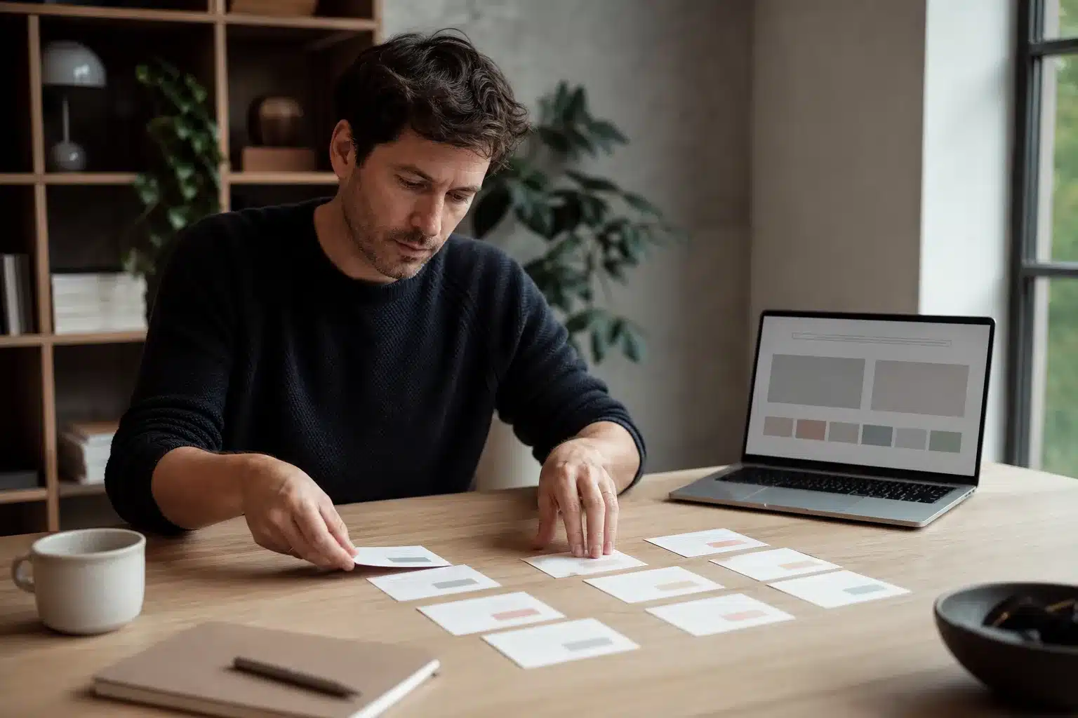 Ondernemer ordent diensten op notitiekaartjes aan een bureau