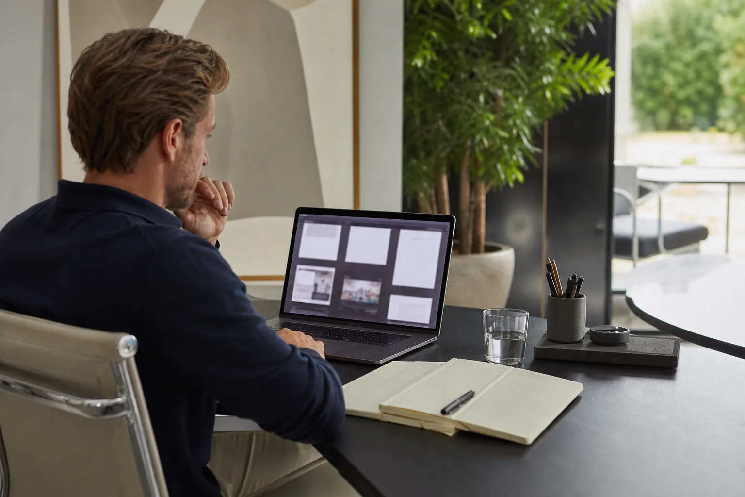 Ondernemer beoordeelt oude webpagina’s op een laptop