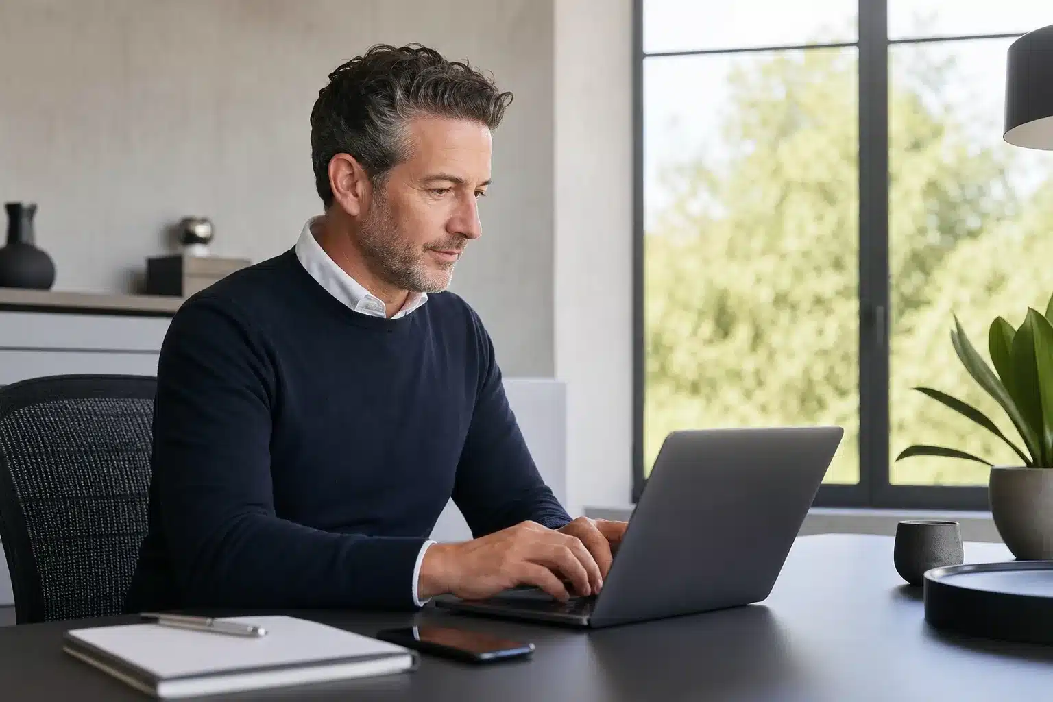 Ondernemer controleert zakelijke gegevens van een webpartner op een laptop