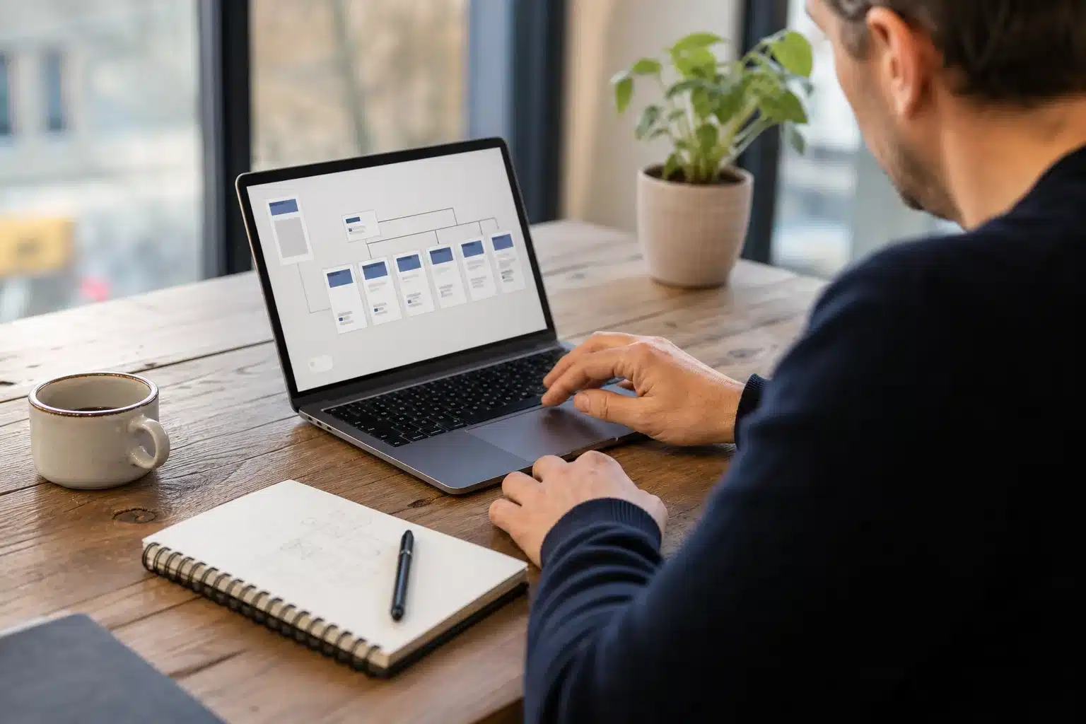 Ondernemer ordent websitestructuur op laptop met notities