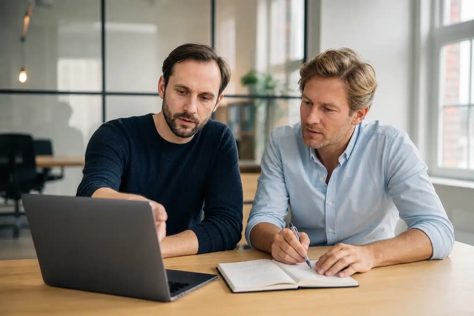 Ondernemer bespreekt websiteonderhoud met webprofessional aan bureau